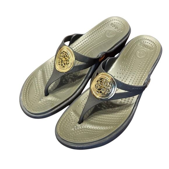 Crocs Brown Golden Wedge Flip Flops Women’s US 9 - Picture 1 of 8